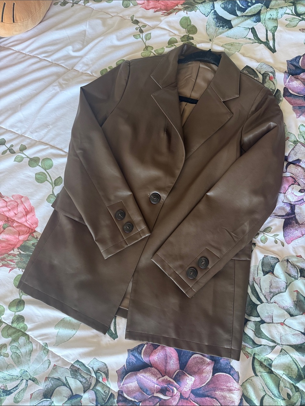 Women's Brown Faux Leather Blazer Jacket- Relaxed Fit